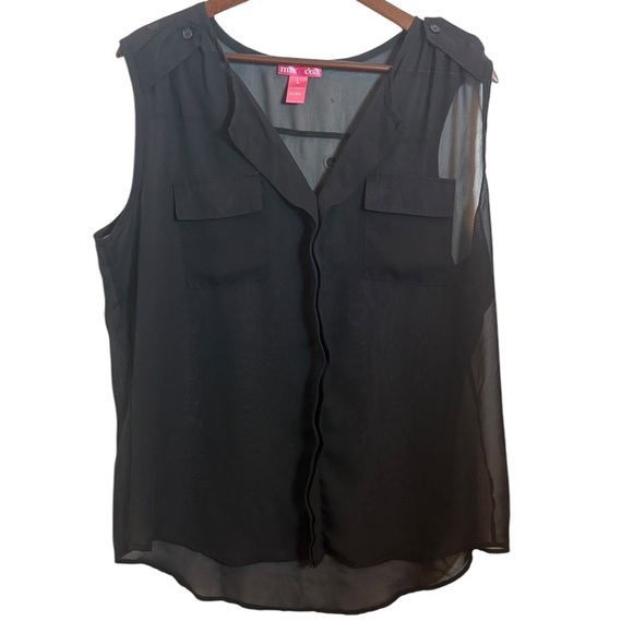 Mix & Co Black Sheer Sleeveless Buttoned Blouse with Notched Collar Large - Picture 1 of 8